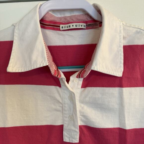 Alice + Olivia Treva Boxy Polo Shirt Sz LG Pink & White Preppy Coastal College - Picture 2 of 11